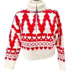 Jessica Simpson Half-Zip Turtleneck Sweater Red White Holiday Tree Heart Pattern